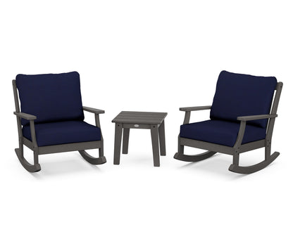 POLYWOOD® Braxton 3-Piece Deep Seating Rocker Set in Vintage Coffee / Navy