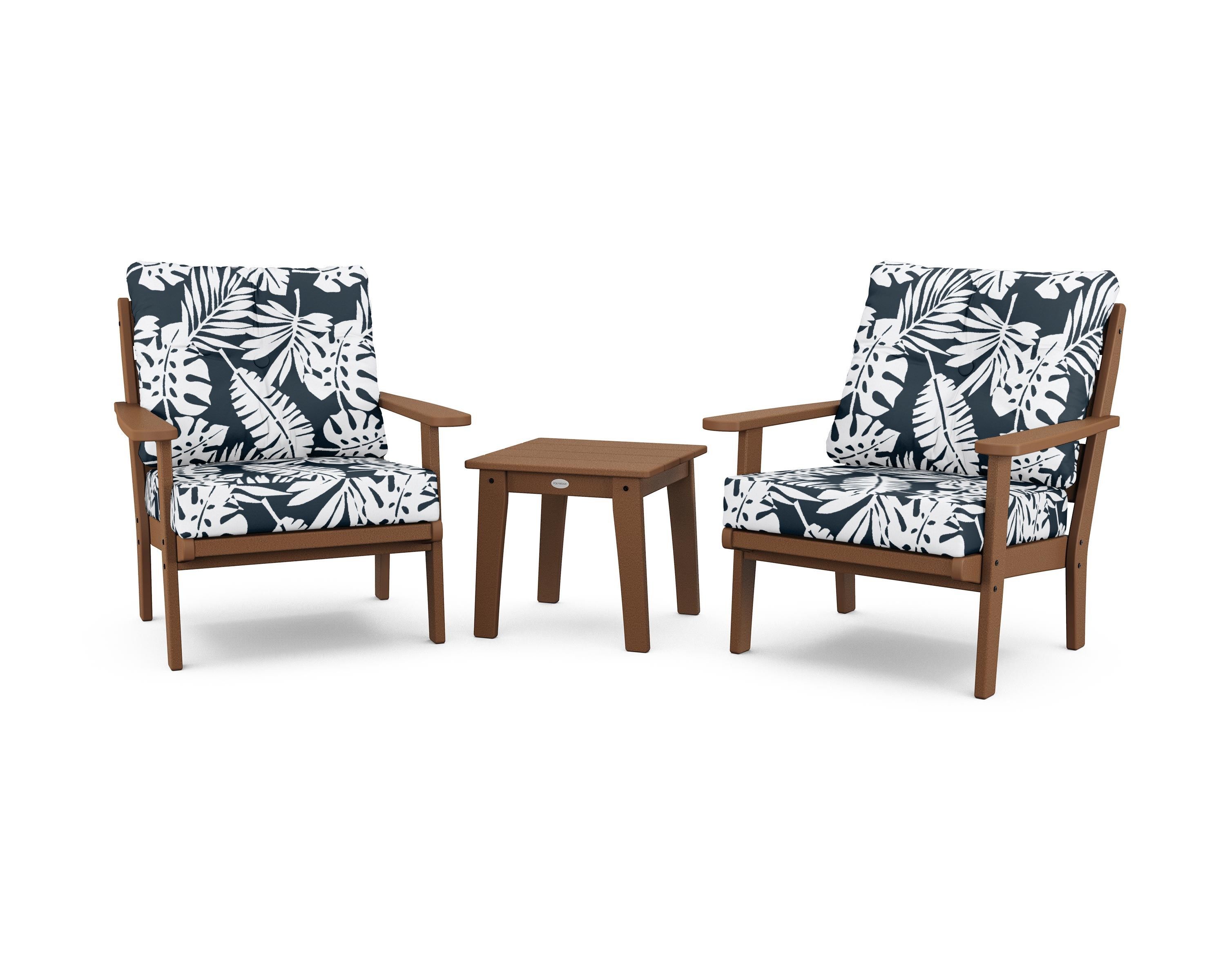 POLYWOOD® Lakeside 3-Piece Deep Seating Chair Set in Teak / Leaf Marine Indigo