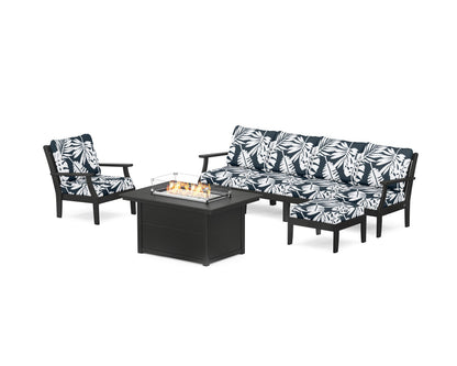 POLYWOOD® Braxton Sectional Lounge and Fire Pit Set in Black / Leaf Marine Indigo