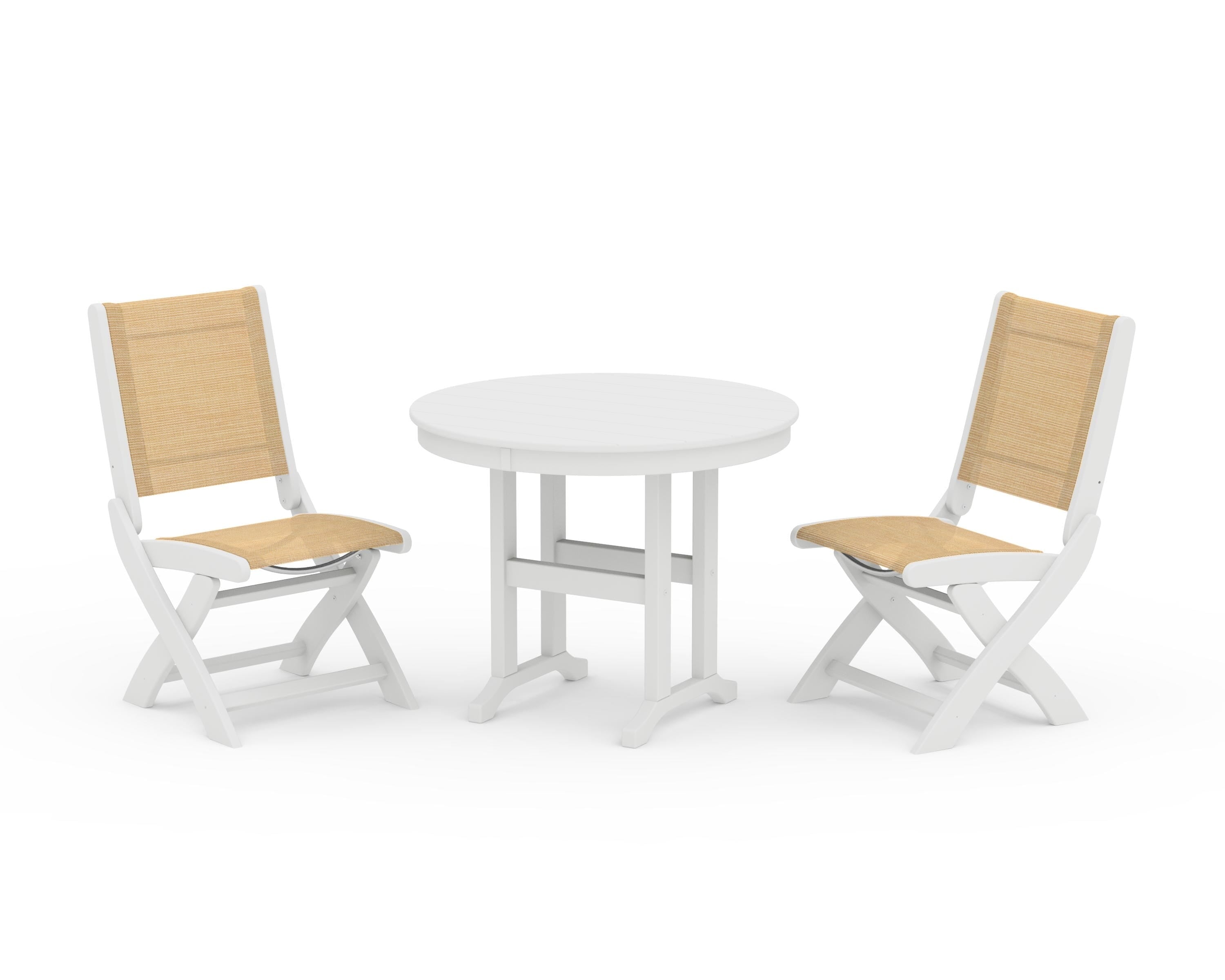 POLYWOOD® Coastal Folding Side Chair 3-Piece Round Dining Set in White / Dupioni Apricot Sling