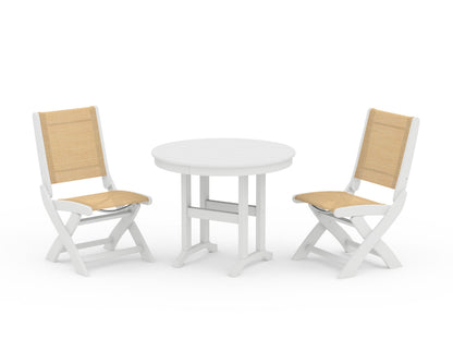 POLYWOOD® Coastal Folding Side Chair 3-Piece Round Dining Set in White / Dupioni Apricot Sling