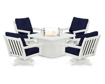 POLYWOOD® Vineyard 5-Piece Deep Seating Swivel Conversation Set with Fire Pit Table in Vintage White / Navy