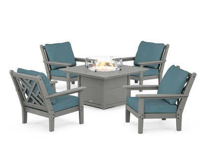 POLYWOOD® Chippendale 5-Piece Deep Seating Set with Fire Pit Table in Slate Grey / Ocean Teal