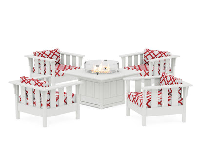 Martha Stewart by POLYWOOD® Acadia 5-Piece Deep Seating Set with Fire Pit Table in White / Trellis Crimson