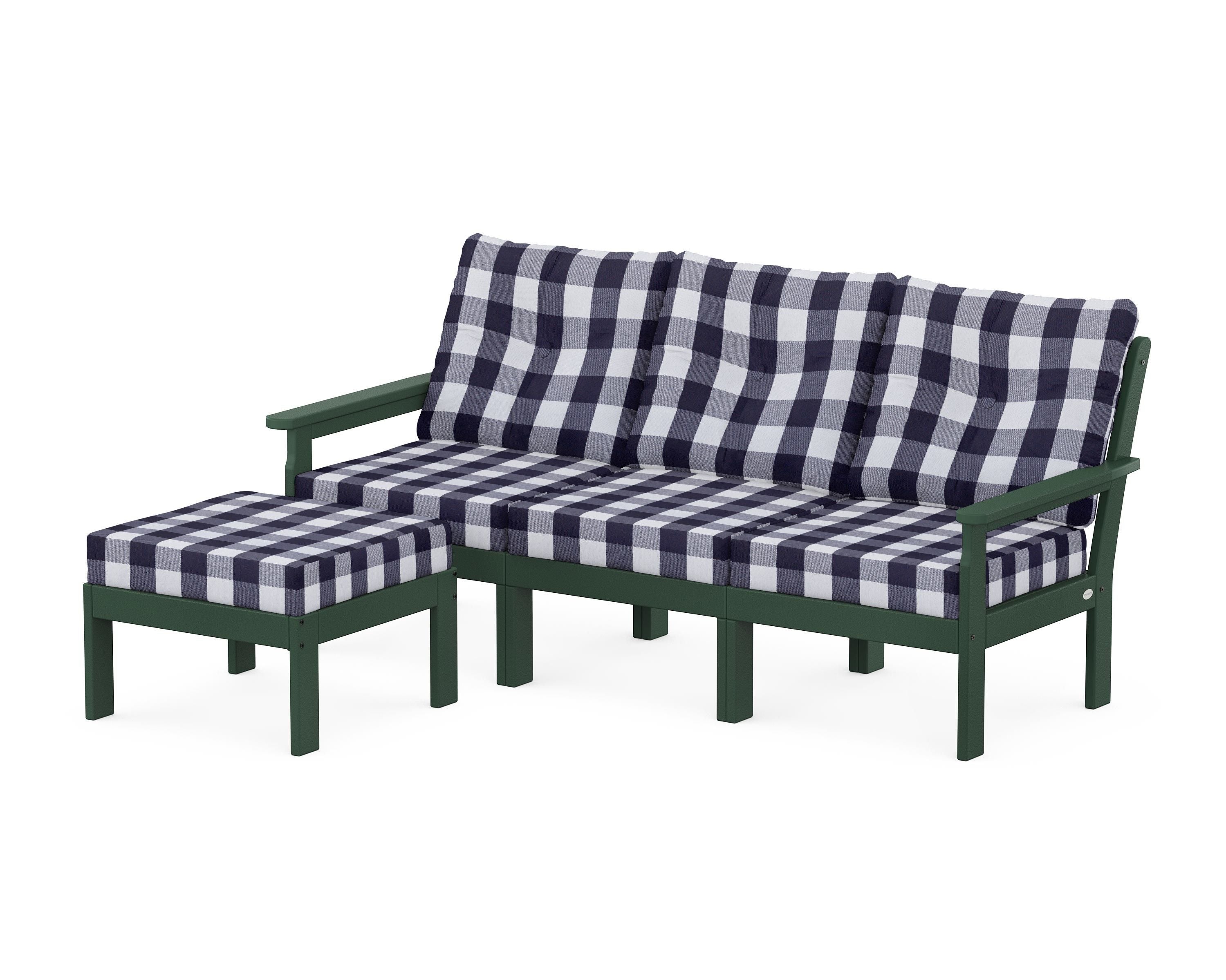 POLYWOOD® Vineyard 4-Piece Sectional with Ottoman in Green / Buffalo Plaid Navy