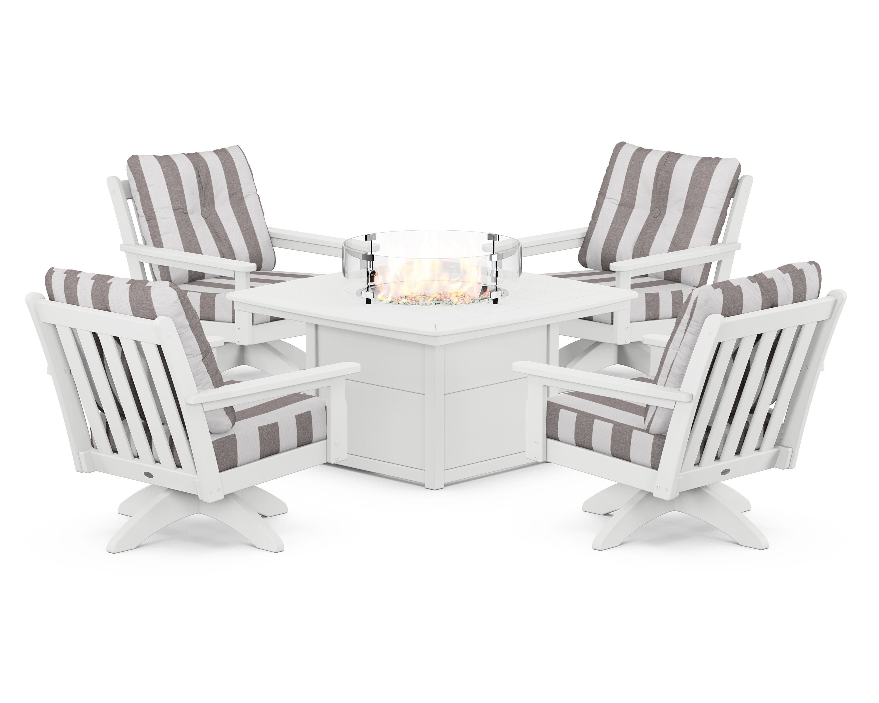 POLYWOOD® Vineyard 5-Piece Deep Seating Swivel Conversation Set with Fire Pit Table in White / Cabana Stripe Grey Mist