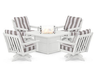 POLYWOOD® Vineyard 5-Piece Deep Seating Swivel Conversation Set with Fire Pit Table in White / Cabana Stripe Grey Mist