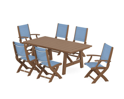 POLYWOOD® Coastal Folding Chair 7-Piece Rustic Farmhouse Dining Set in Teak / Poolside Sling