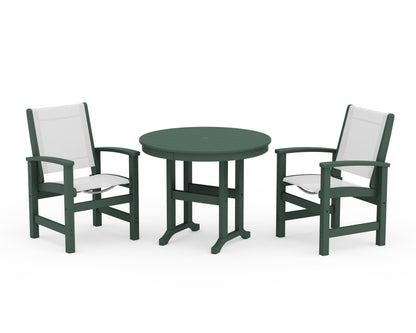 POLYWOOD® Coastal 3-Piece Round Dining Set in Green / White Sling