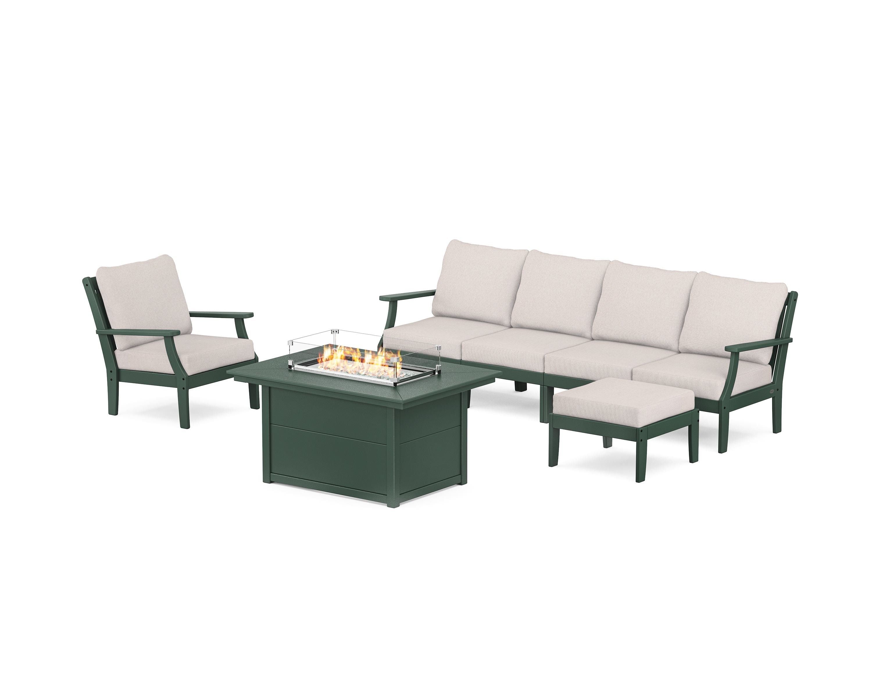 POLYWOOD® Braxton Sectional Lounge and Fire Pit Set in Green / Dune Burlap