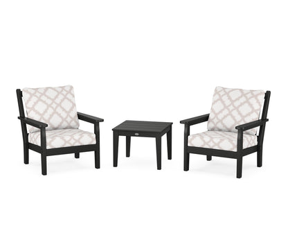 POLYWOOD® Chippendale 3-Piece Deep Seating Set in Black / Trellis Dune Burlap