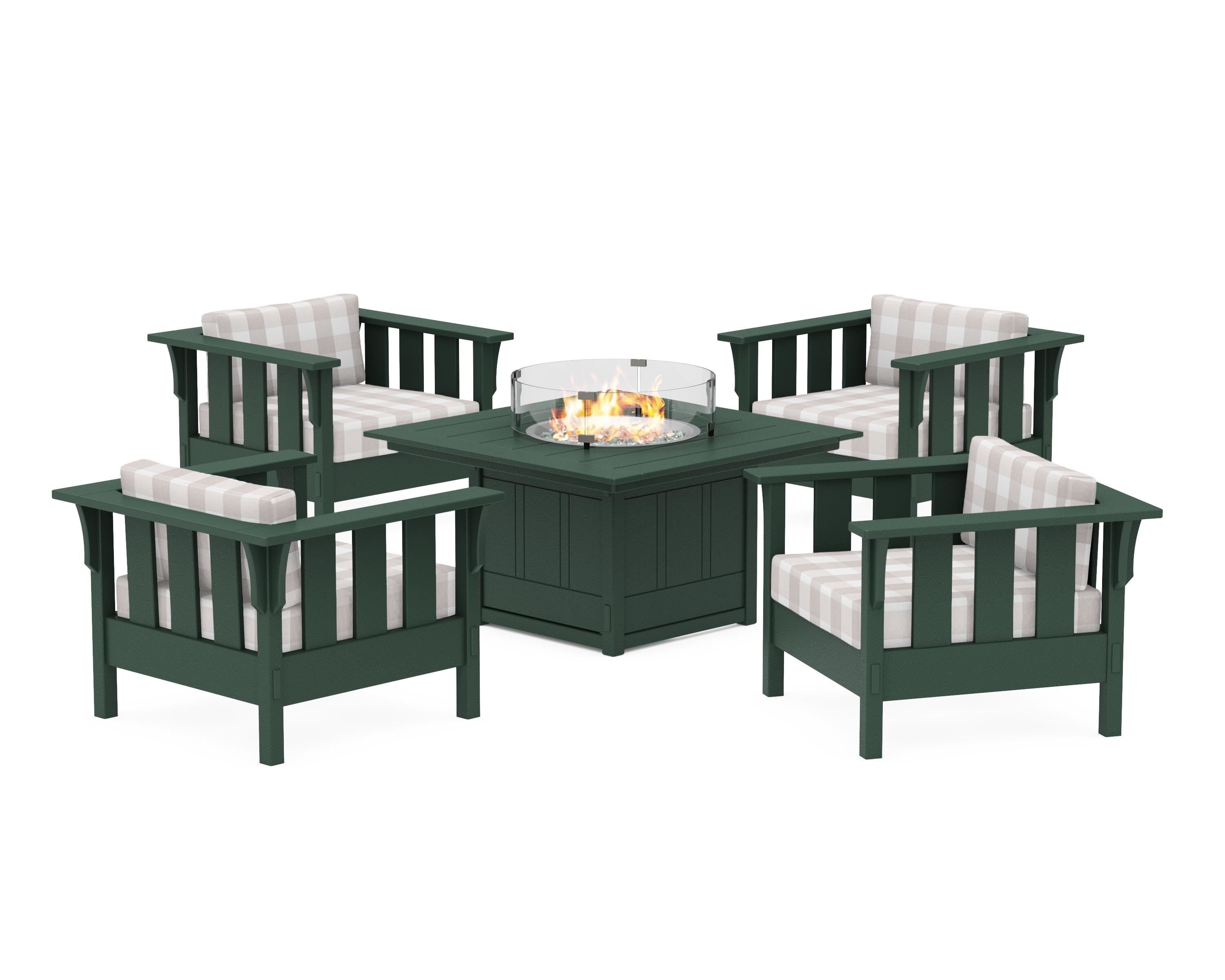 Martha Stewart by POLYWOOD® Acadia 5-Piece Deep Seating Set with Fire Pit Table in Green / Buffalo Plaid Dune Burlap