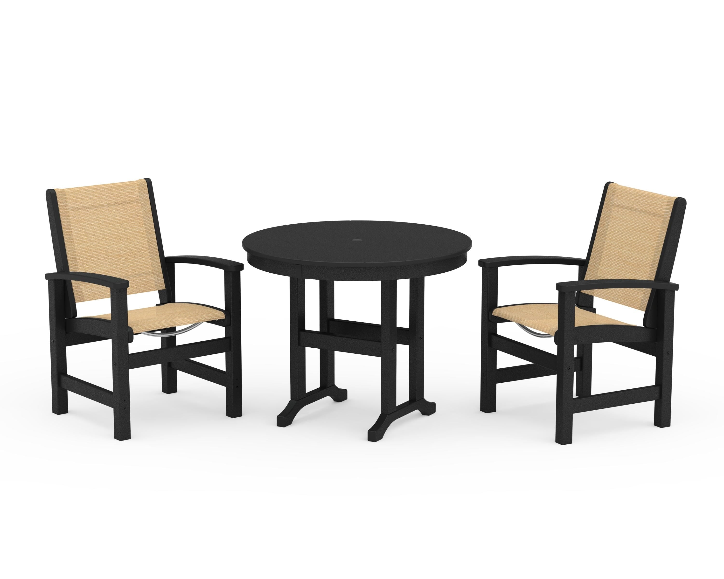 POLYWOOD® Coastal 3-Piece Round Dining Set in Black / Dupioni Apricot Sling