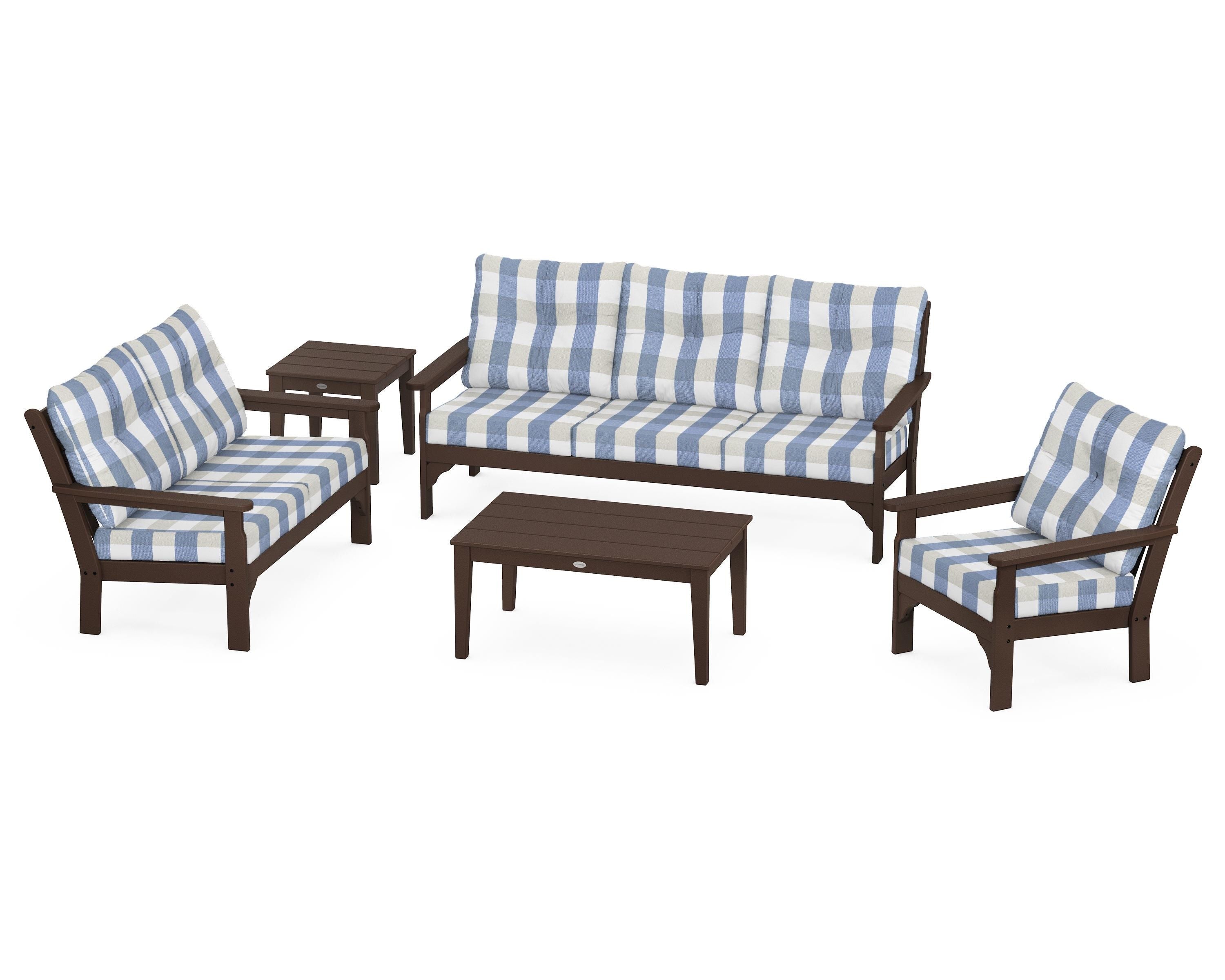 POLYWOOD® Vineyard 5 Piece Deep Seating Set in Mahogany / Buffalo Plaid Sky Blue