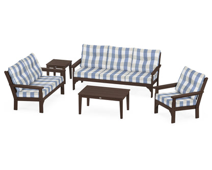 POLYWOOD® Vineyard 5 Piece Deep Seating Set in Mahogany / Buffalo Plaid Sky Blue