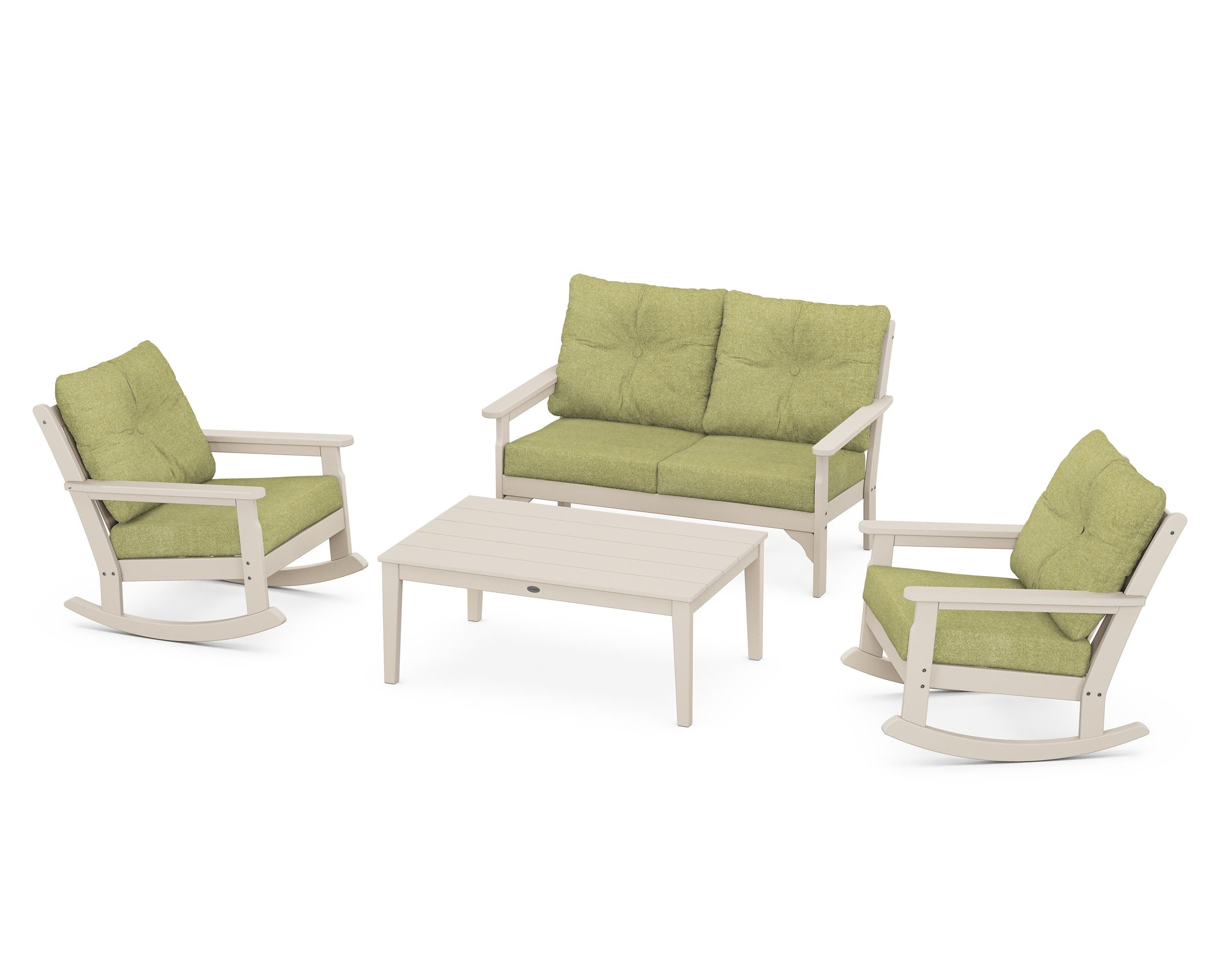 POLYWOOD® Vineyard 4-Piece Deep Seating Rocking Chair Set in Sand / Chartreuse Boucle