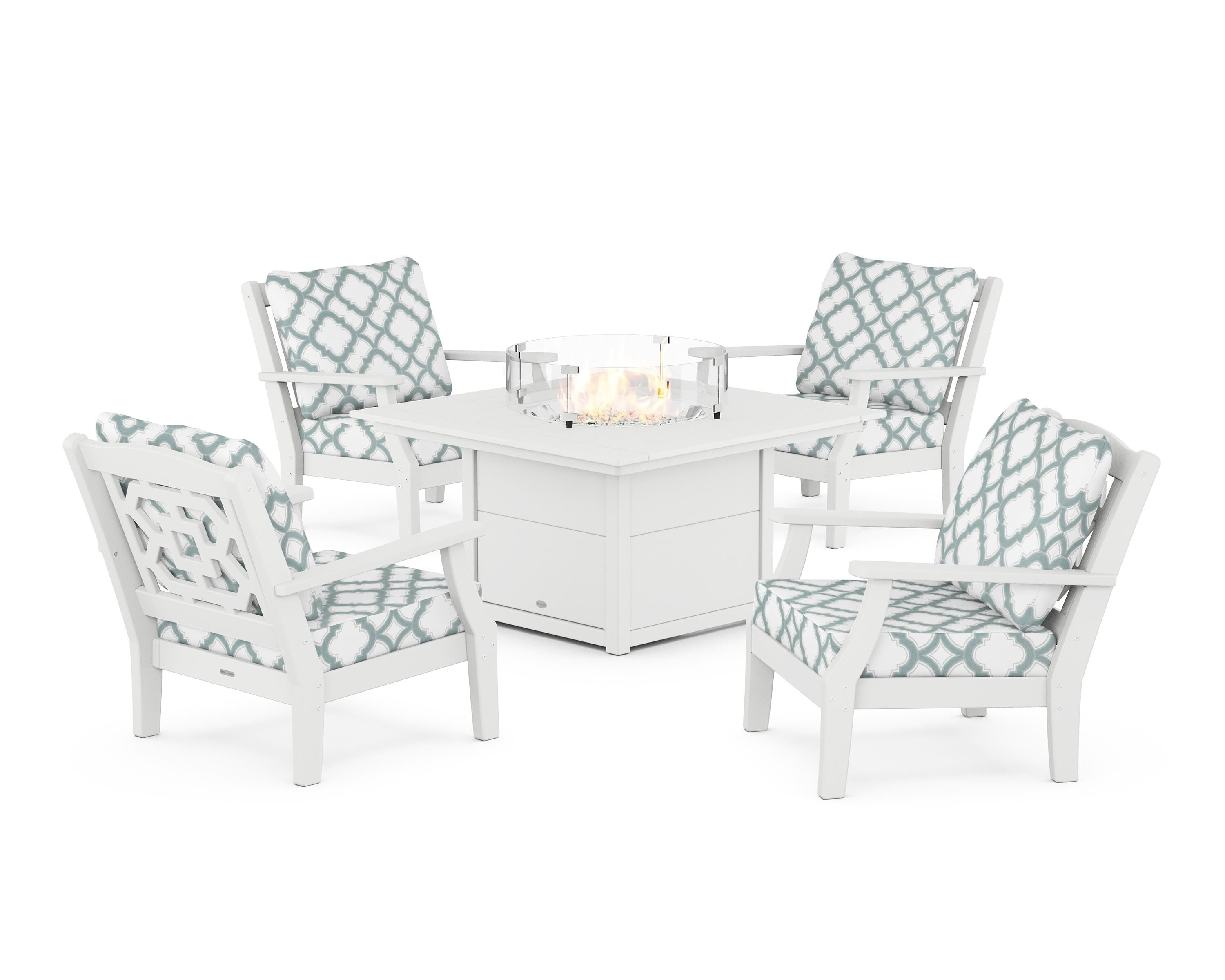 Martha Stewart by POLYWOOD® Chinoiserie 5-Piece Deep Seating Set with Fire Pit Table in White / Trellis Glacier Spa