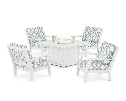 Martha Stewart by POLYWOOD® Chinoiserie 5-Piece Deep Seating Set with Fire Pit Table in White / Trellis Glacier Spa