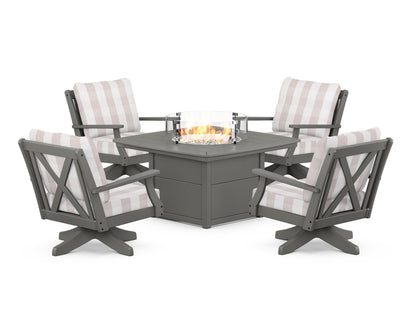 POLYWOOD® Braxton 5-Piece Deep Seating Swivel Conversation Set with Fire Pit Table in Slate Grey / Buffalo Plaid Dune Burlap