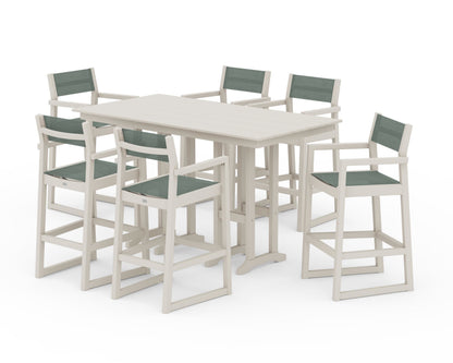 POLYWOOD® EDGE Sling Arm Chair 7-Piece Farmhouse Bar Set in Sand / Dupioni Sea Mist Sling