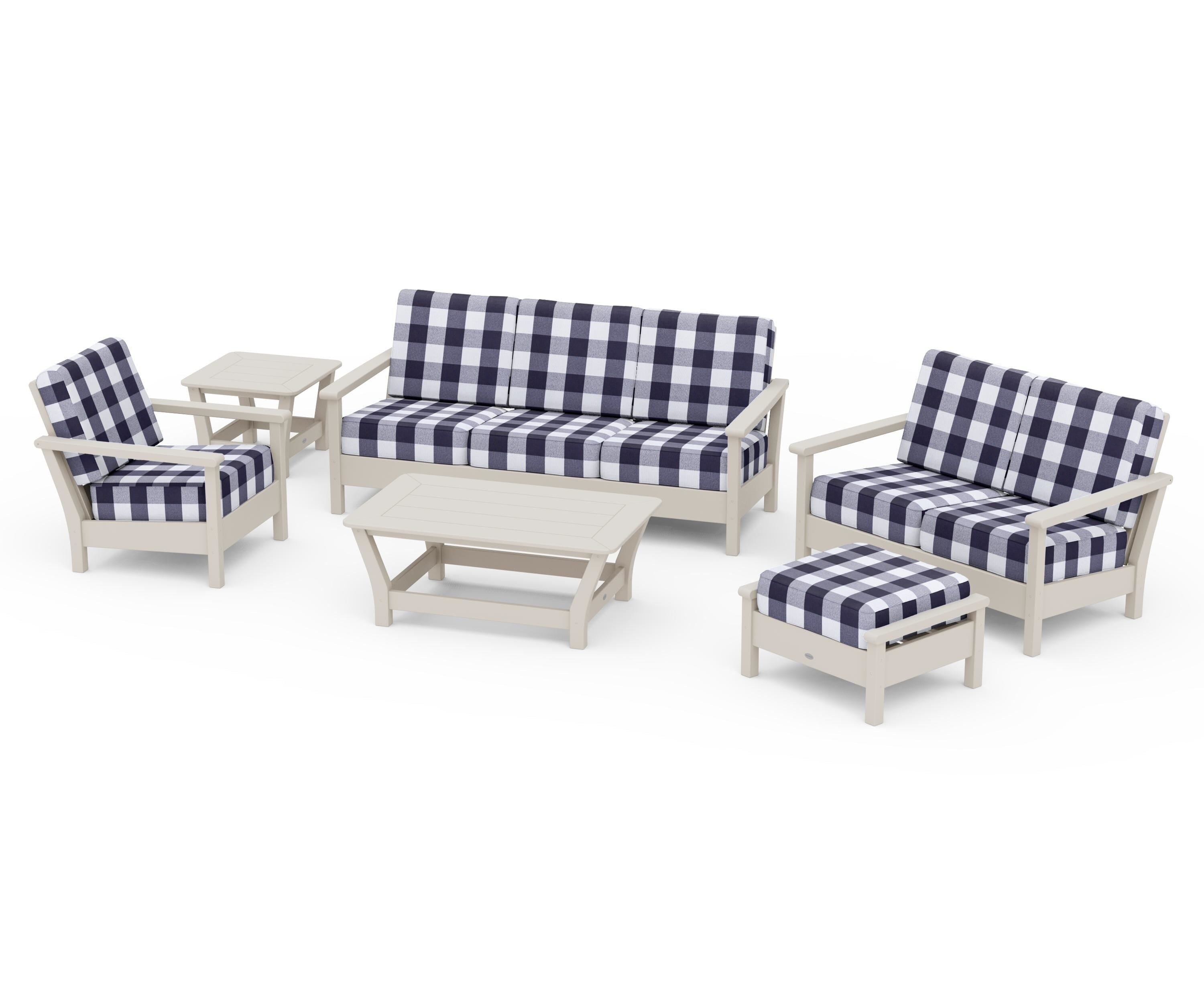 POLYWOOD® Harbour 6-Piece Outdoor Living Set in Sand / Buffalo Plaid Navy