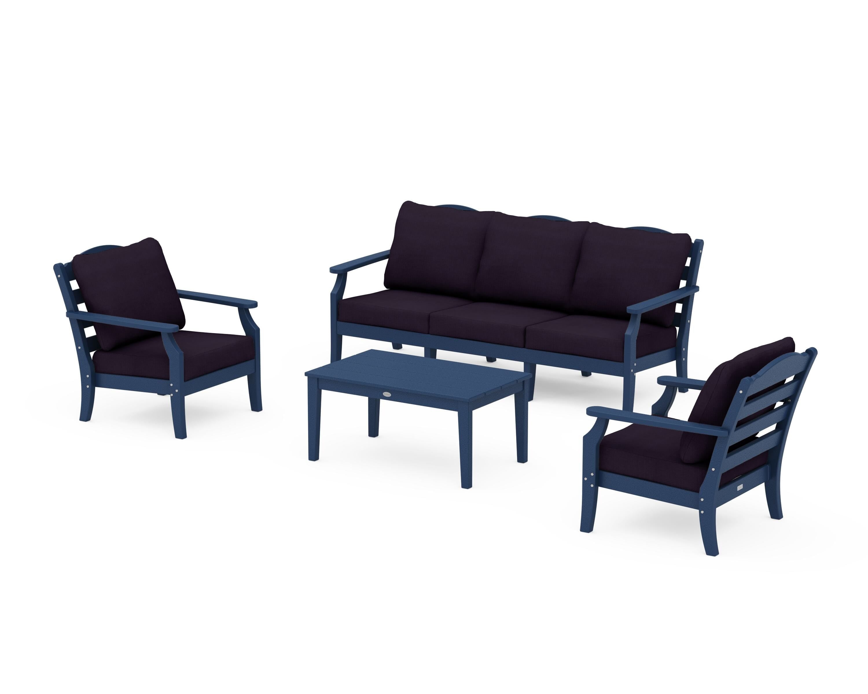 Draper James™ by  POLYWOOD® Savannah 4-Piece Deep Seating Set with Sofa in Navy / Navy Linen