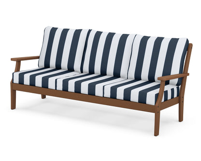 POLYWOOD® Braxton Deep Seating Sofa in Teak / Cabana Stripe Marine Indigo