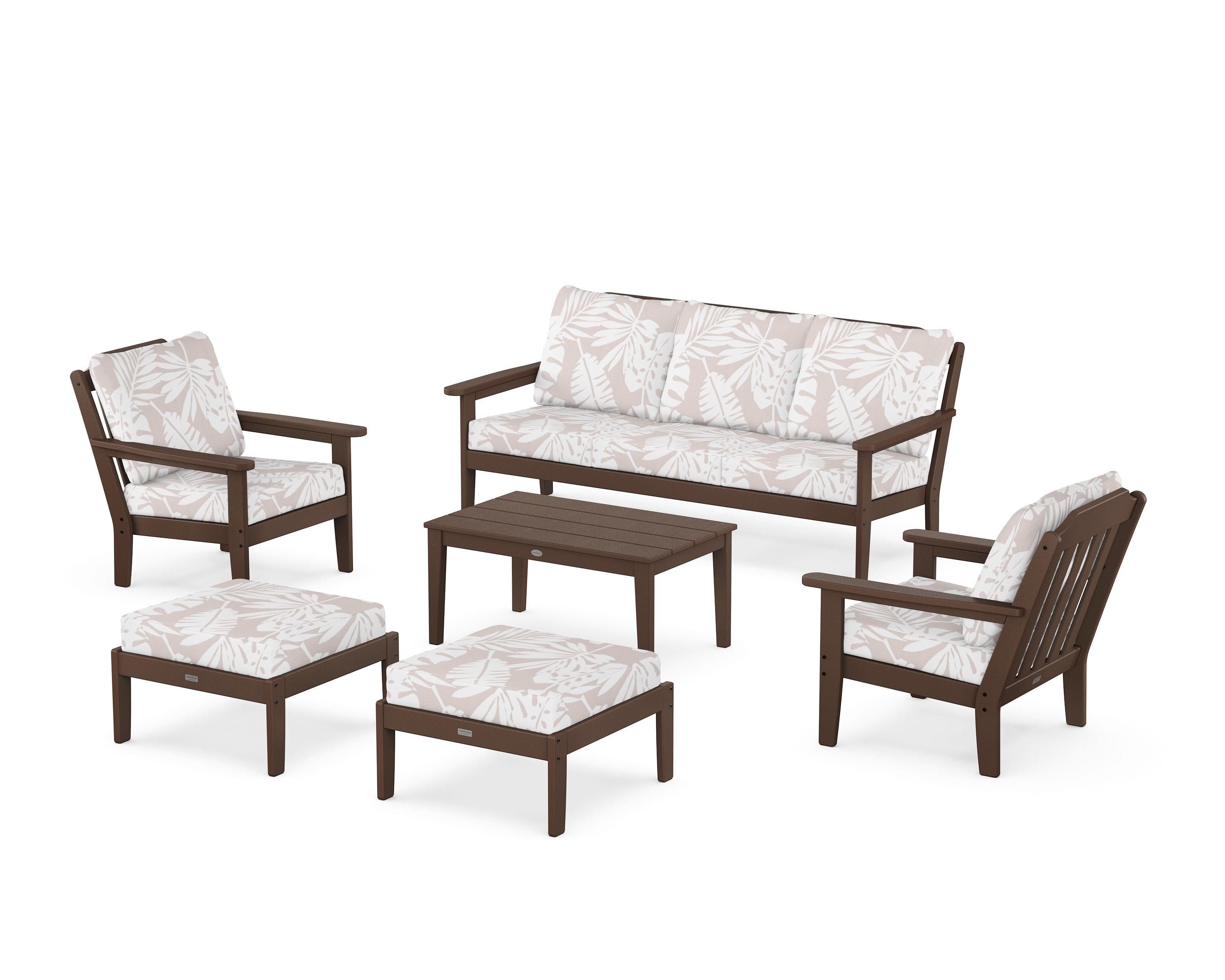 Country Living Cottage 6-Piece Lounge Sofa Set in Mahogany / Leaf Dune Burlap
