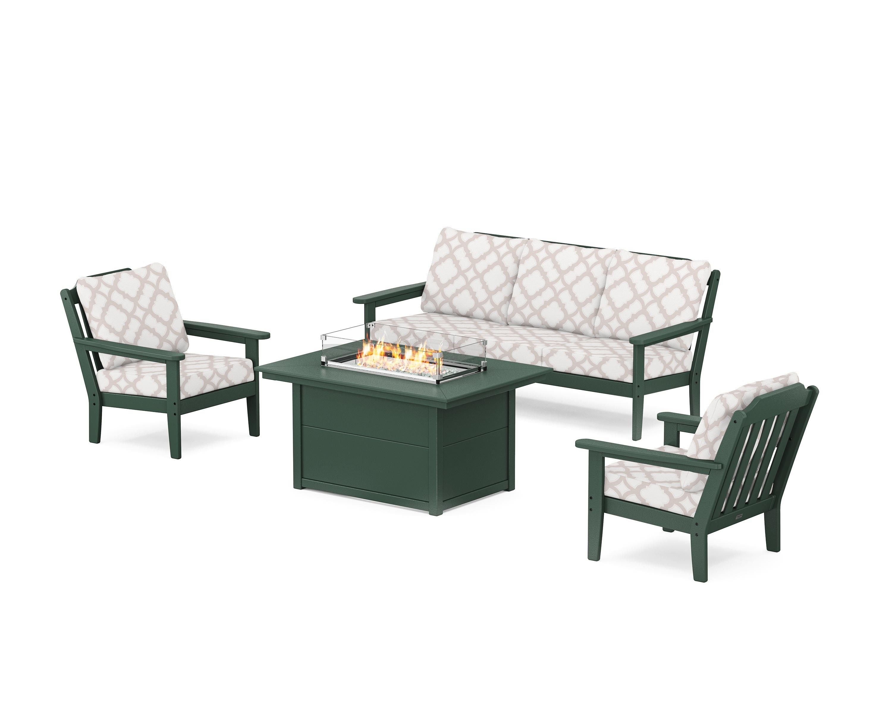 Country Living Cottage Deep Seating Fire Pit Table Set in Green / Trellis Dune Burlap
