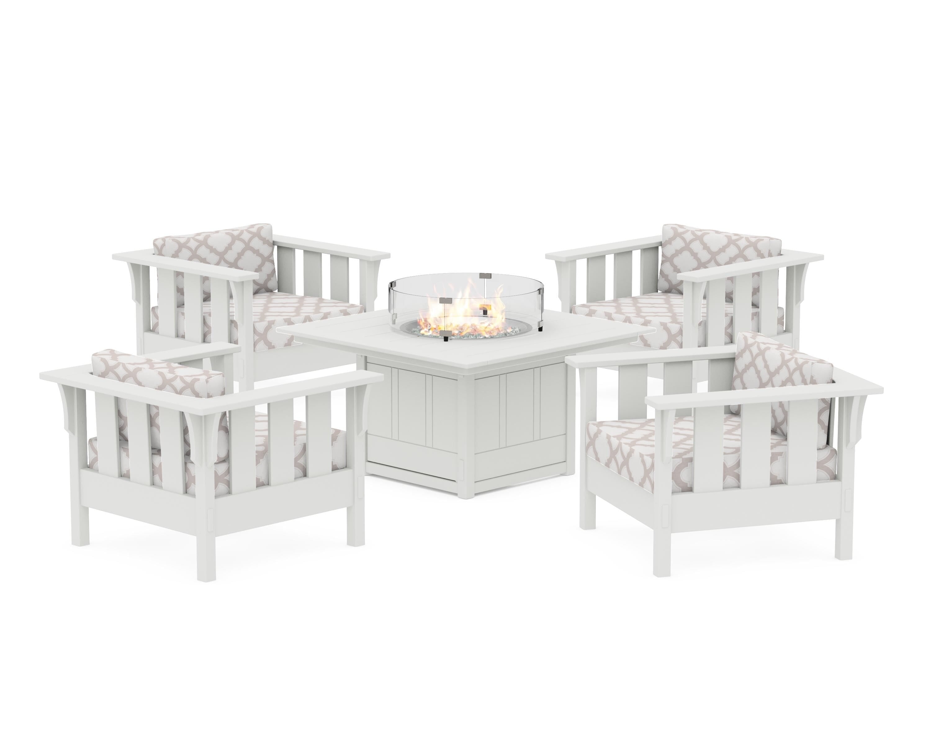 Martha Stewart by POLYWOOD® Acadia 5-Piece Deep Seating Set with Fire Pit Table in White / Trellis Dune Burlap