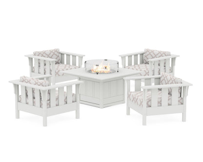 Martha Stewart by POLYWOOD® Acadia 5-Piece Deep Seating Set with Fire Pit Table in White / Trellis Dune Burlap