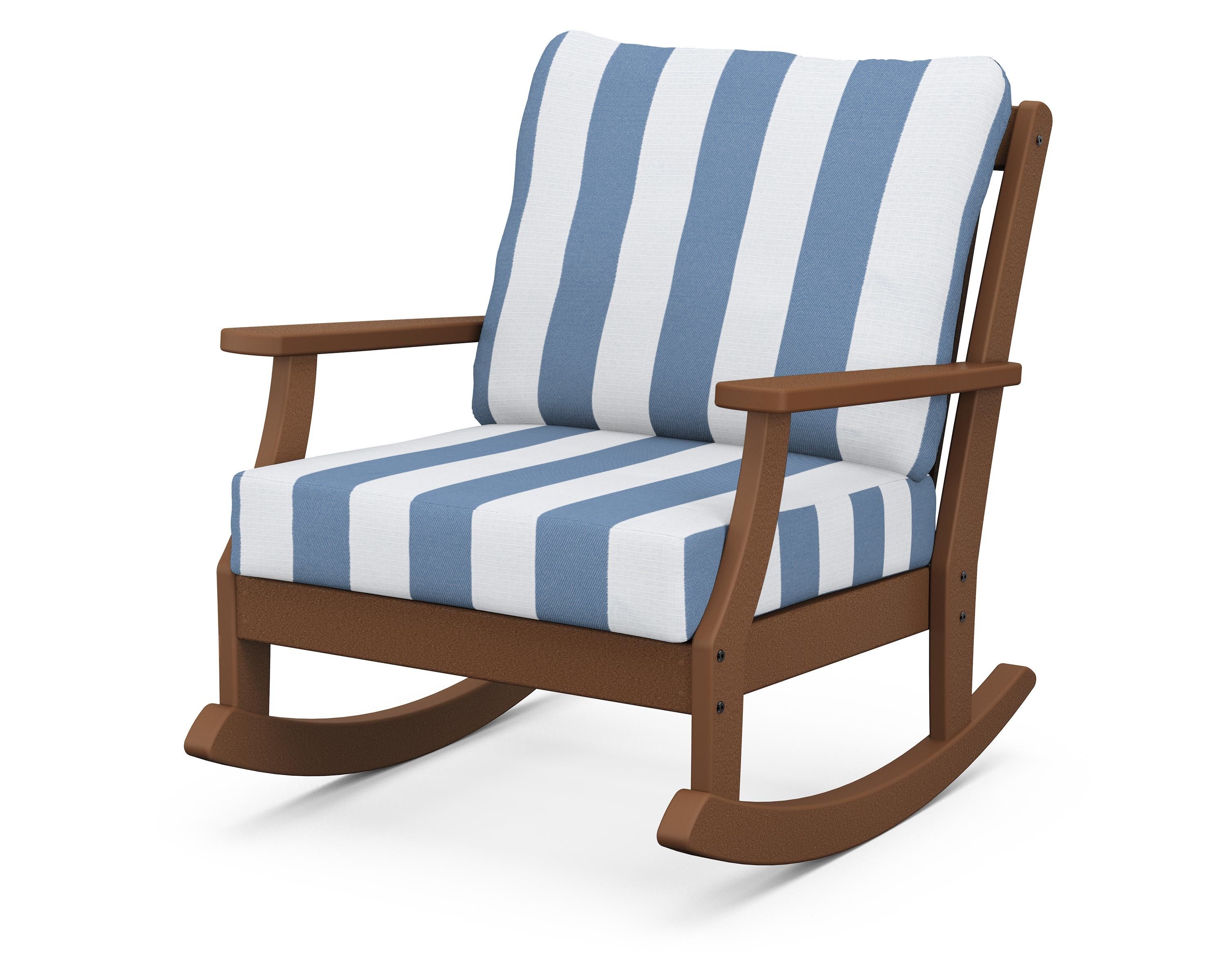 POLYWOOD® Braxton Deep Seating Rocking Chair in Teak / Cabana Stripe Sky Blue