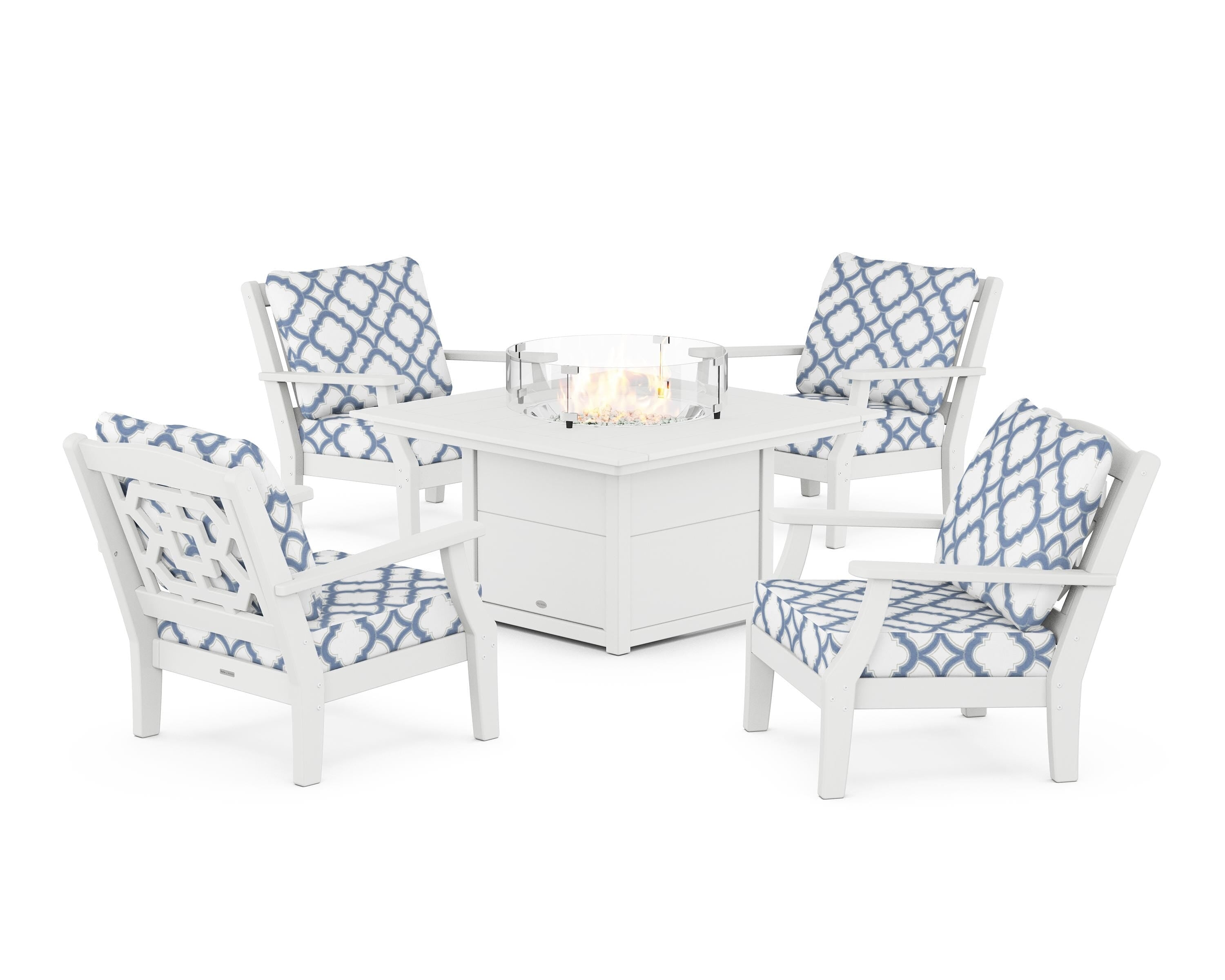 Martha Stewart by POLYWOOD® Chinoiserie 5-Piece Deep Seating Set with Fire Pit Table in White / Trellis Sky Blue