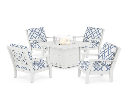 Martha Stewart by POLYWOOD® Chinoiserie 5-Piece Deep Seating Set with Fire Pit Table in White / Trellis Sky Blue