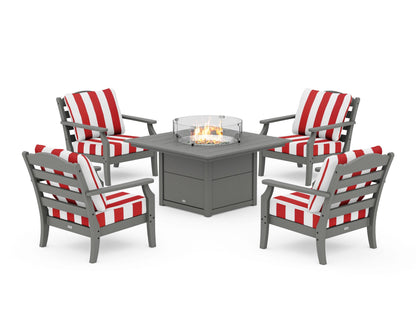 Draper James™ by  POLYWOOD® Savannah 5-Piece Deep Seating Set with Fire Pit Table in Slate Grey / Cabana Stripe Crimson