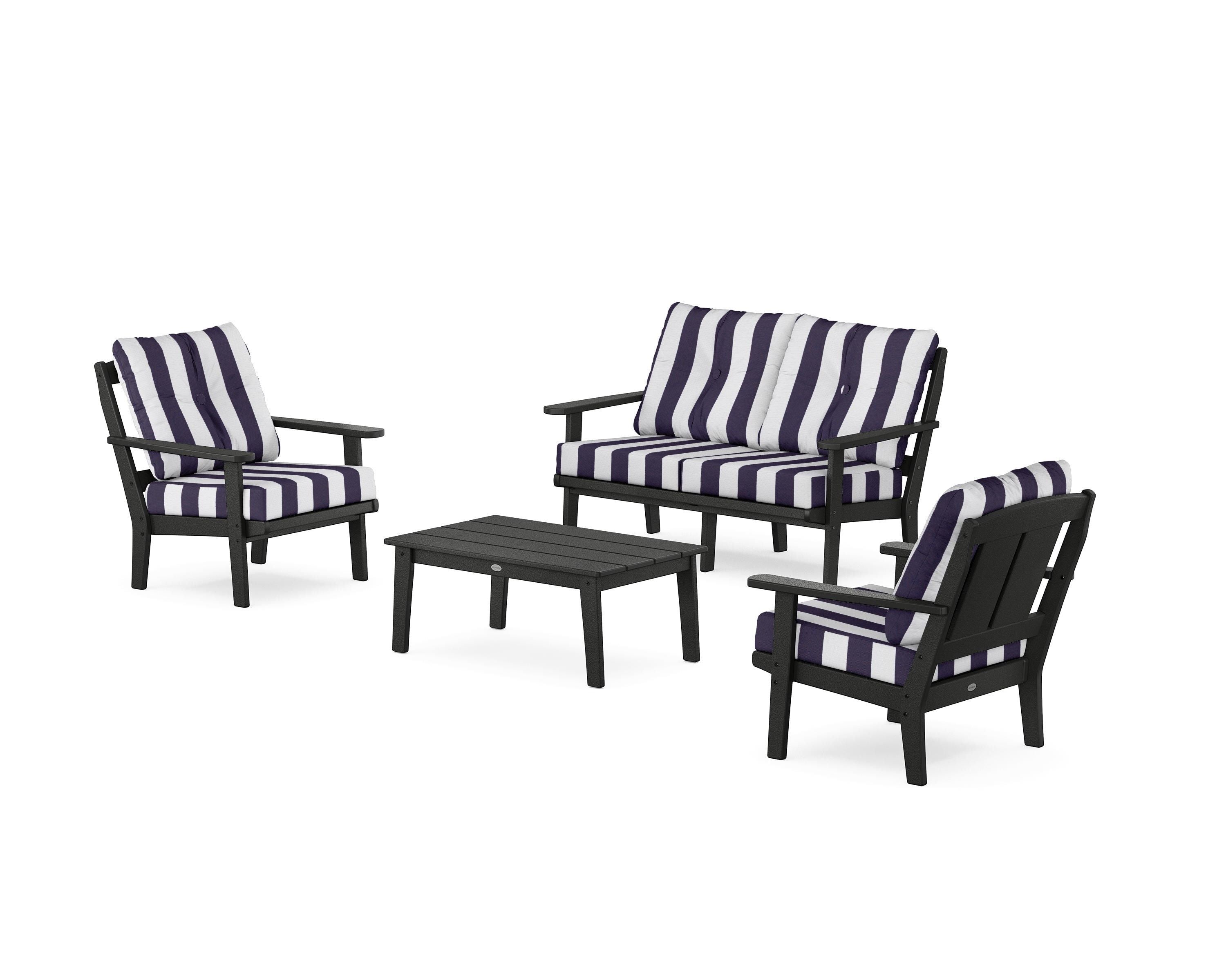 POLYWOOD® Mission 4-Piece Deep Seating Set with Loveseat in Black / Cabana Stripe Navy
