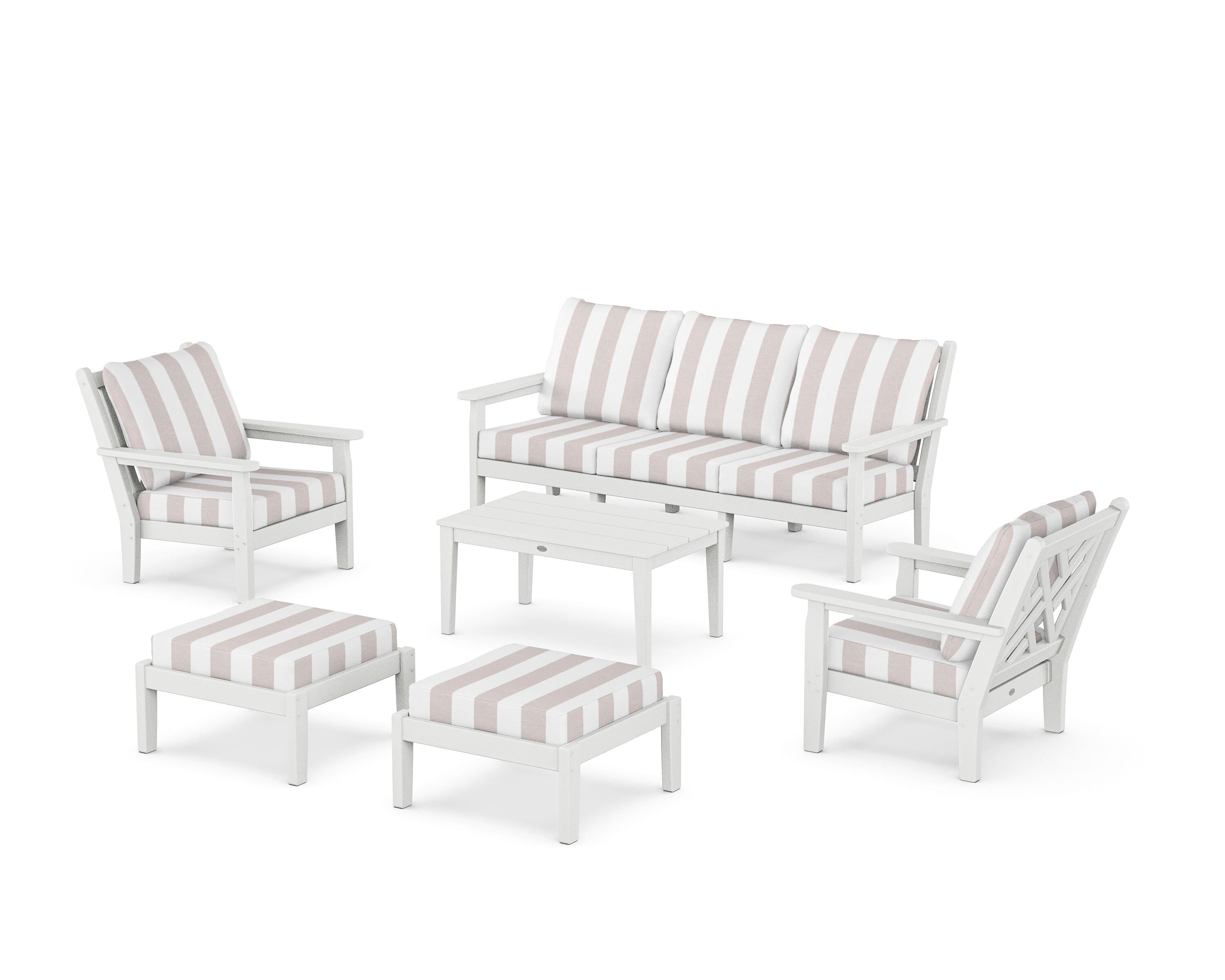 POLYWOOD® Chippendale 6-Piece Lounge Sofa Set in White / Cabana Stripe Dune Burlap
