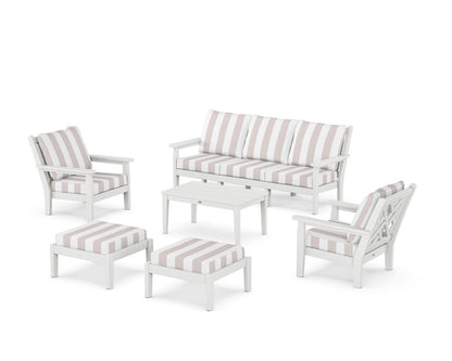 POLYWOOD® Chippendale 6-Piece Lounge Sofa Set in White / Cabana Stripe Dune Burlap