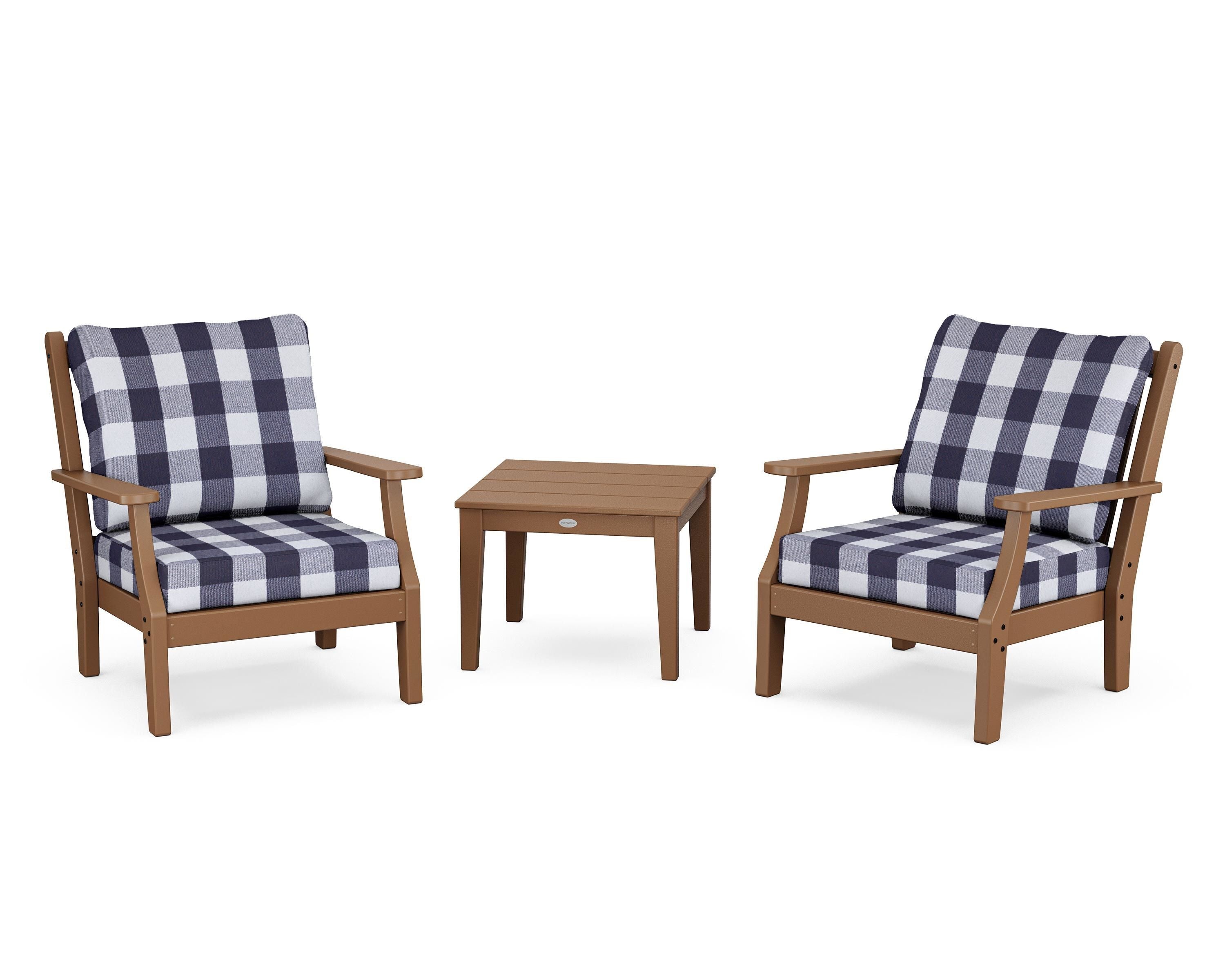 Country Living Wovendale 3-Piece Deep Seating Set in Teak / Buffalo Plaid Navy