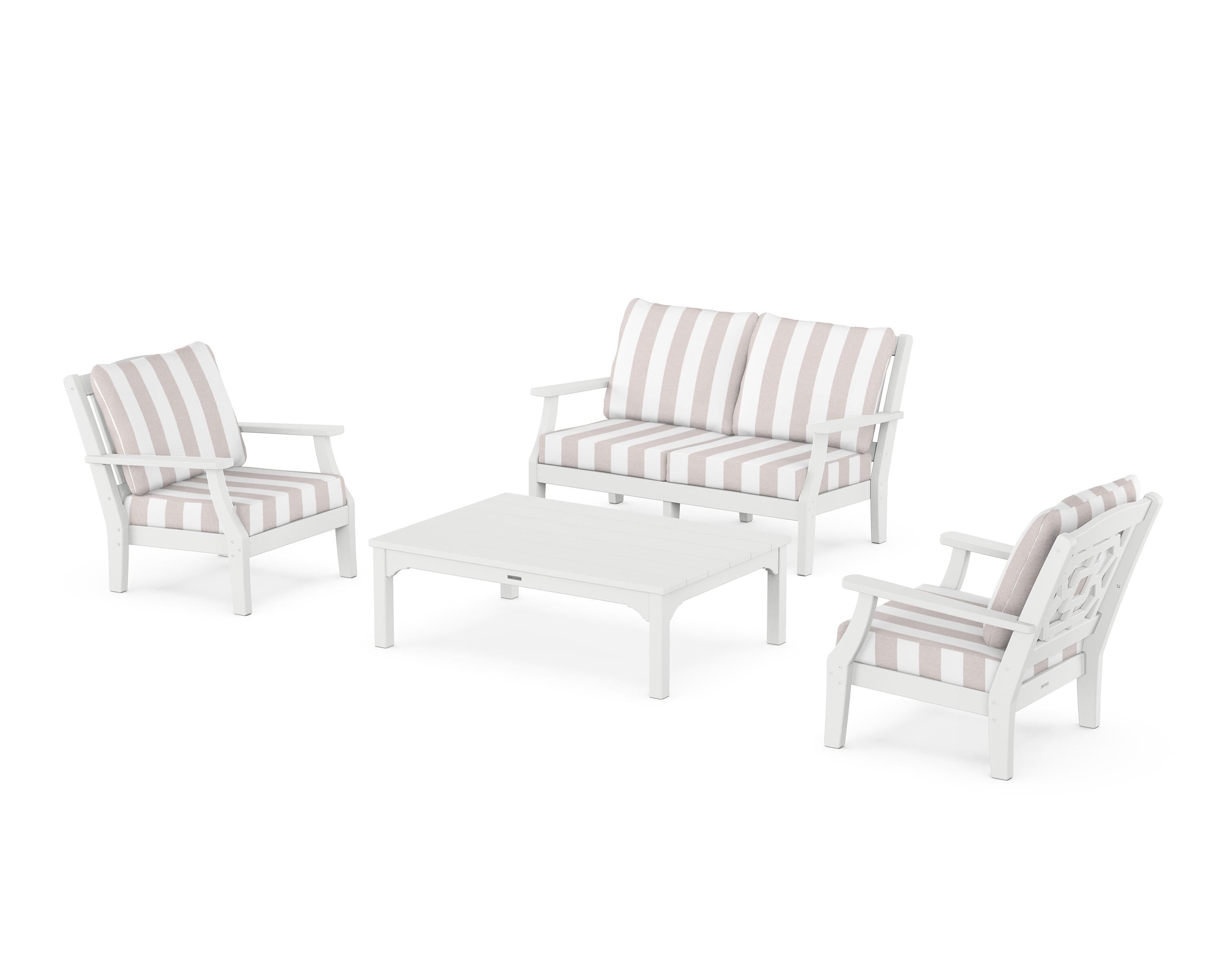 Martha Stewart by POLYWOOD® Chinoiserie 4-Piece Deep Seating Set with Loveseat in White / Cabana Stripe Dune Burlap