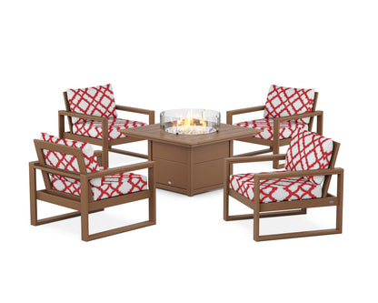 POLYWOOD® EDGE Sectional 5-Piece Deep Seating Set with Fire Pit Table in Teak / Trellis Crimson