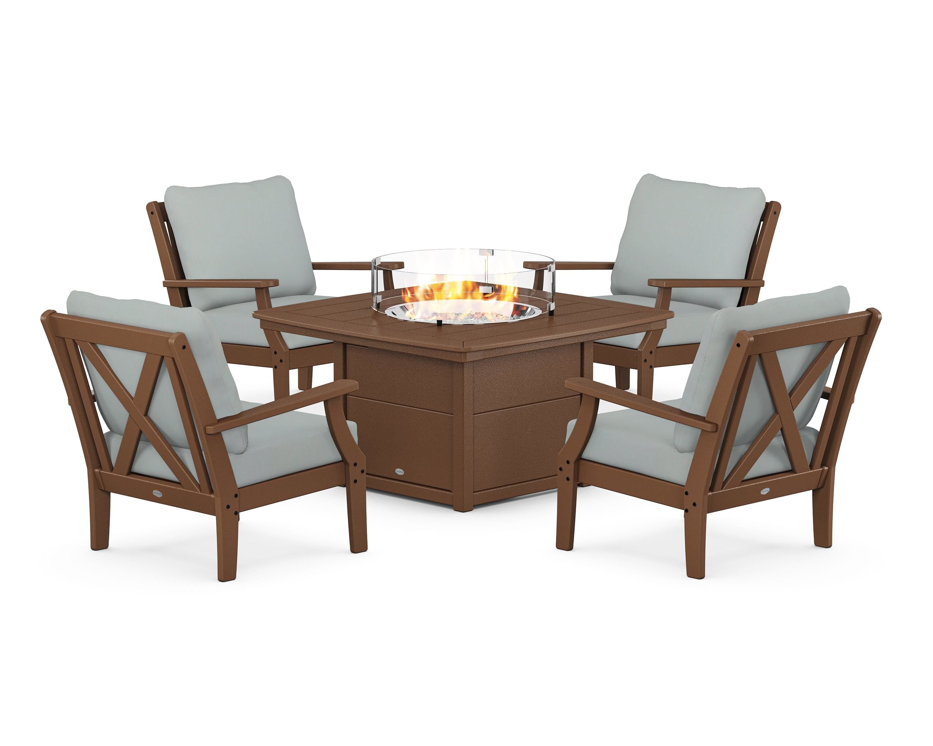 POLYWOOD® Braxton 5-Piece Deep Seating Conversation Set with Fire Pit Table in Teak / Spa