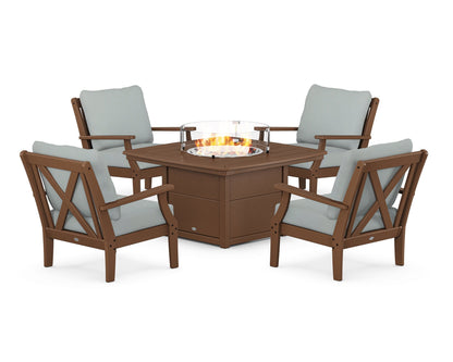 POLYWOOD® Braxton 5-Piece Deep Seating Conversation Set with Fire Pit Table in Teak / Spa