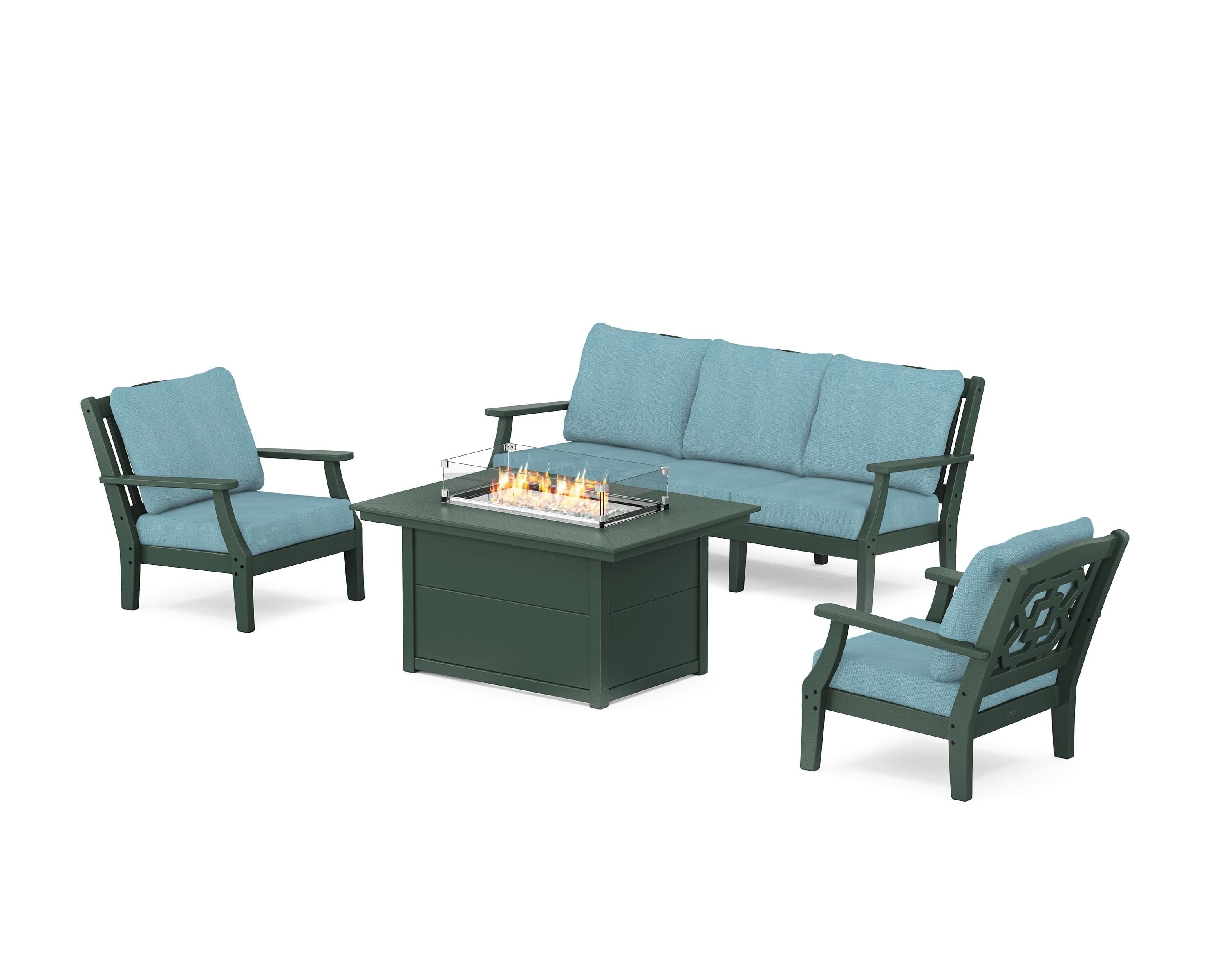 Martha Stewart by POLYWOOD® Chinoiserie Deep Seating Fire Pit Table Set in Green / Lattice Sky Blue