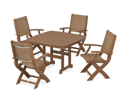 POLYWOOD® Coastal Folding Chair 5-Piece Dining Set in Teak / Burlap Sling