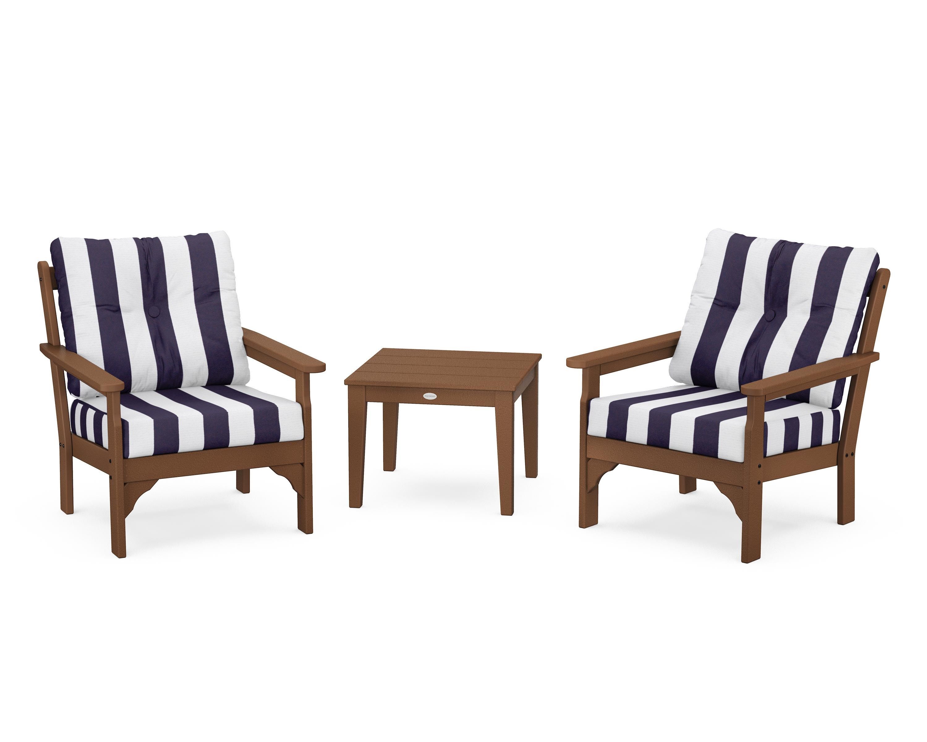 POLYWOOD® Vineyard 3-Piece Deep Seating Set in Teak / Cabana Stripe Navy