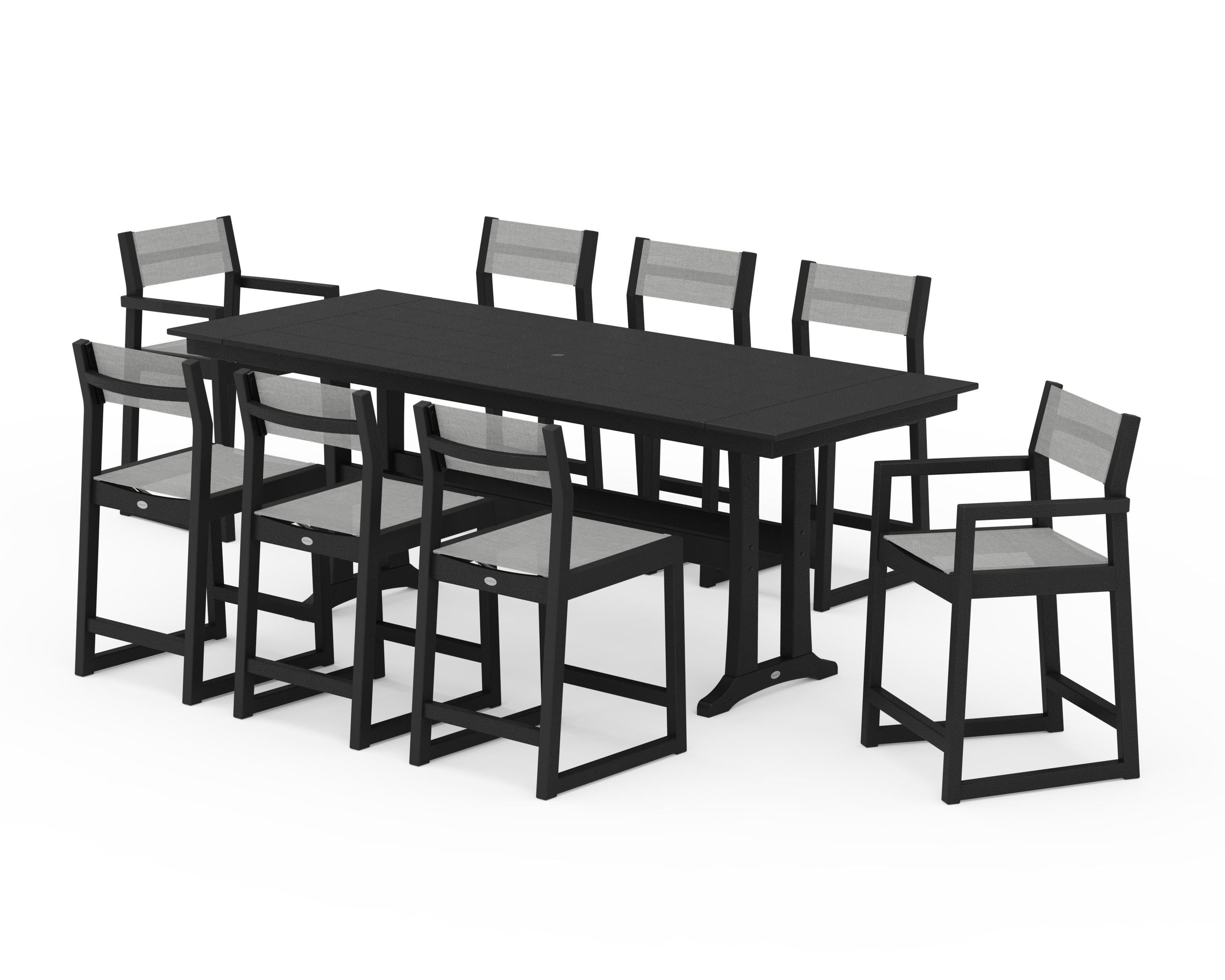 POLYWOOD® EDGE Sling 9-Piece Farmhouse Counter Set with Trestle Legs in Black / Metallic Sling