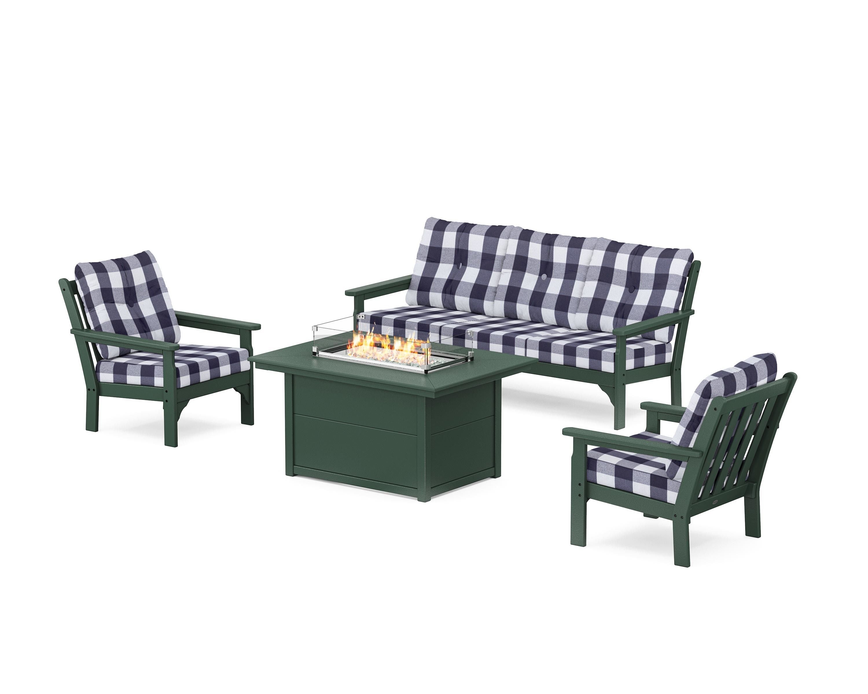 POLYWOOD® Vineyard Deep Seating Fire Pit Table Set in Green / Buffalo Plaid Navy