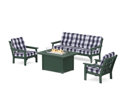 POLYWOOD® Vineyard Deep Seating Fire Pit Table Set in Green / Buffalo Plaid Navy