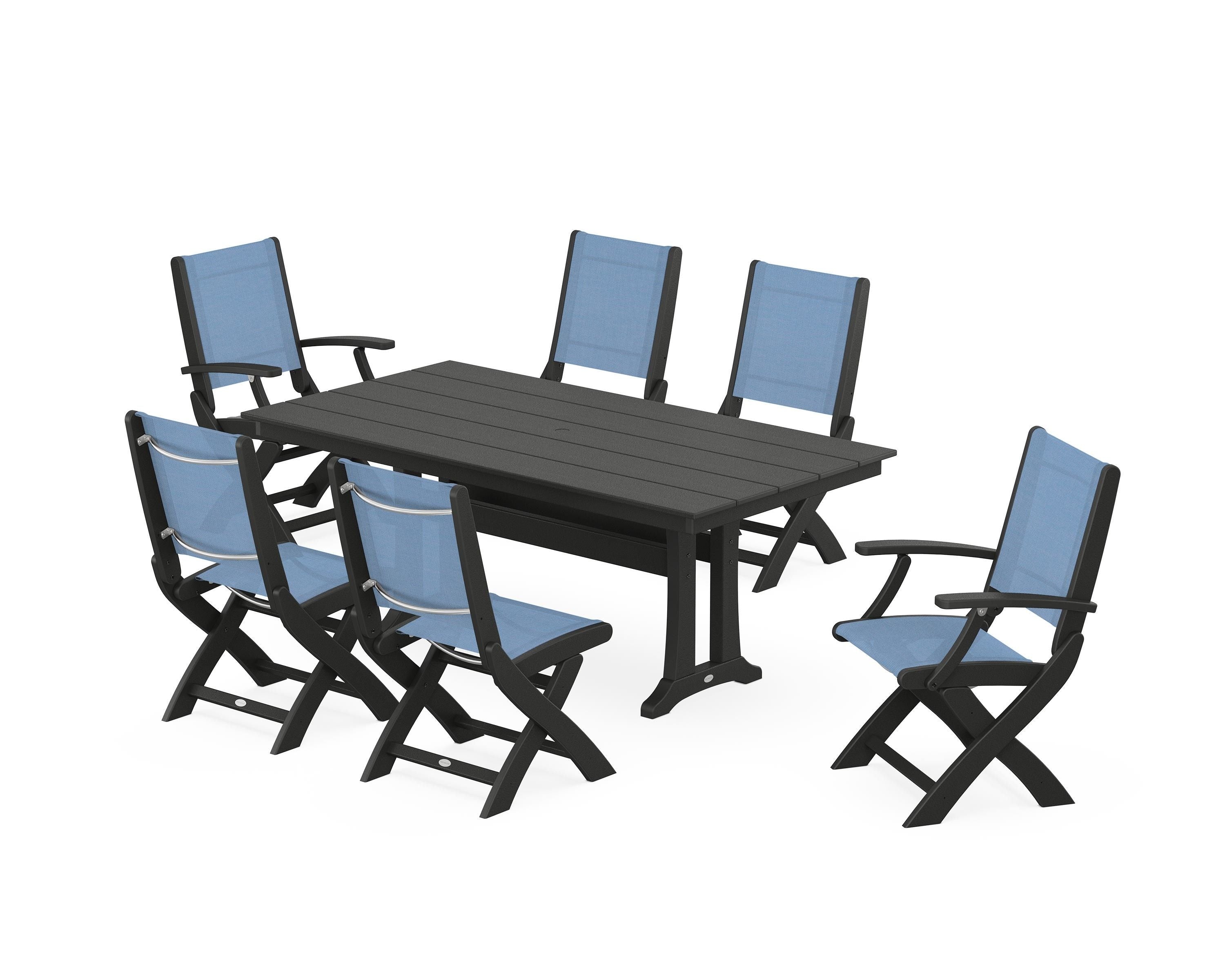 POLYWOOD® Coastal Folding Chair 7-Piece Farmhouse Dining Set with Trestle Legs in Black / Poolside Sling